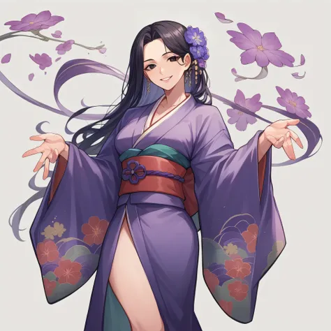 beautiful noble Japanese lady, wearing beautiful purple colored kimono, (((black straight hair, black eyes))), standing, Archaic smile, looking at viewer, in Edo city in Edo Era