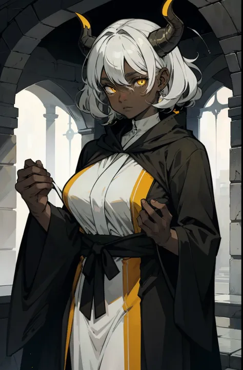 1 girl, athletic, mercury-gray skin, gray curly hair, black horns, glowing yellow eyes, black circles under the eyes, white monastic robe
