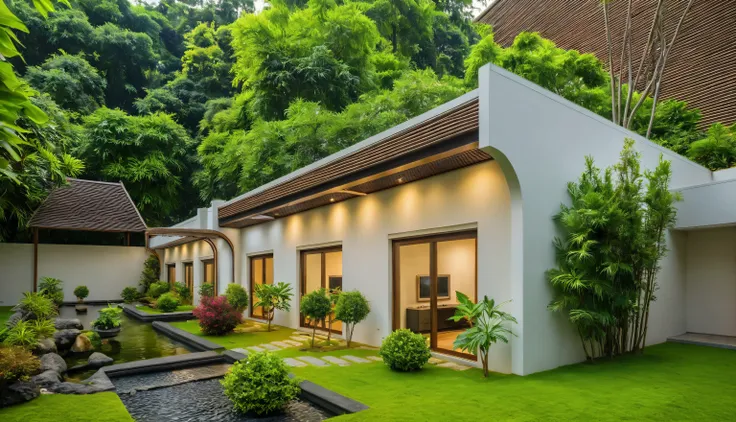 a view from inside a sleek, modern gazebo in a beautifully designed european garden with asian elements. shot with a high-qualit...