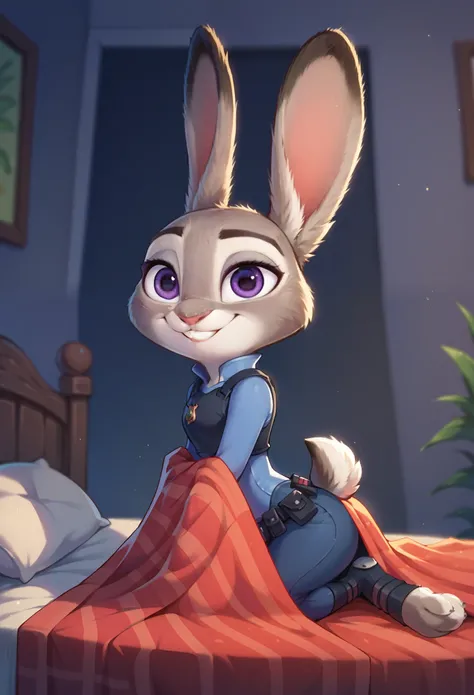 score_9, score_8_up, score_7_up, judyhopps, solo, grey fur, rabbit ears, purple eyes, implied nudity, Expressiveh, short, solo, Judy hopps on a bed, full body, smiling, blankets, half opened eyes, seductive, angle side on bed, looking at viewer, sitting on...