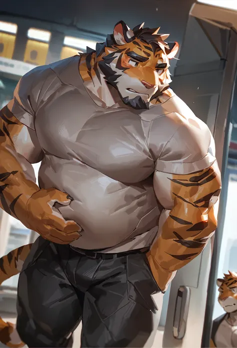 by lindong, bara tiger, tiger, 30 years old, large pectoral, wide pectoral, (massive pectoral muscles), strong physique, chubby, huge belly, perfect anatomy, masterpiece, black beard, strong jaw, giant biceps, White shirt and tight fitting trousers, Hug ea...