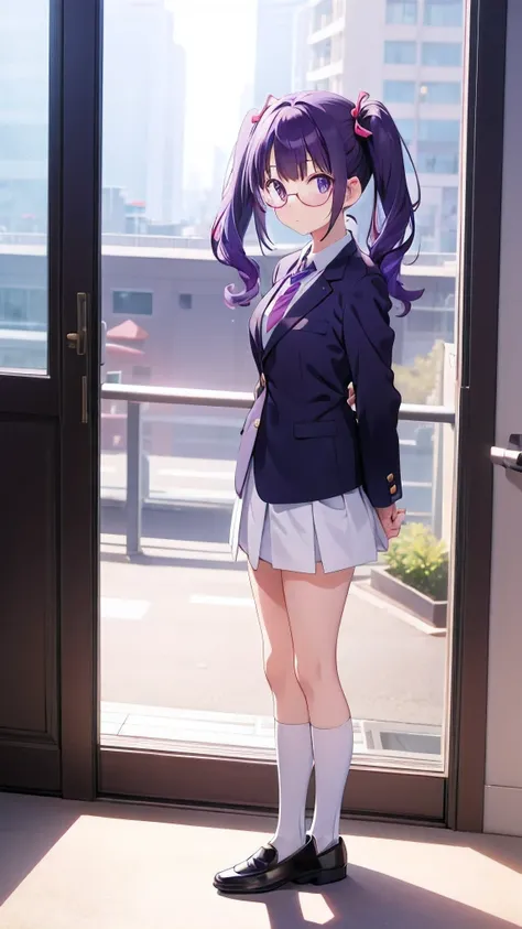 anime girl standing with her arms folded behind her back　window　twin tails　glasses　purple hair　white crew socks　black loafers　bl...