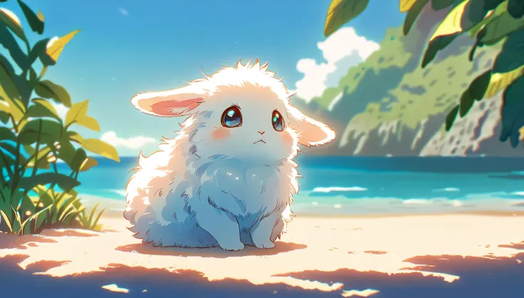 Create a close-up, animated illustration of a fluffy baby bunny sitting in Beach. Emphasize the soft fur, big eyes, and twitching nose of the bunny. The background should be a gentle blur of greenery, highlighting the cuteness and innocence of the baby bun...