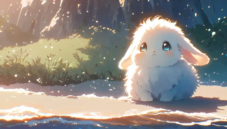 Create a close-up, animated illustration of a fluffy baby bunny sitting in Beach. Emphasize the soft fur, big eyes, and twitching nose of the bunny. The background should be a gentle blur of greenery, highlighting the cuteness and innocence of the baby bun...