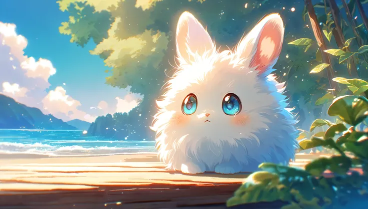 Create a close-up, animated illustration of a fluffy baby bunny sitting in Beach. Emphasize the soft fur, big eyes, and twitching nose of the bunny. The background should be a gentle blur of greenery, highlighting the cuteness and innocence of the baby bun...