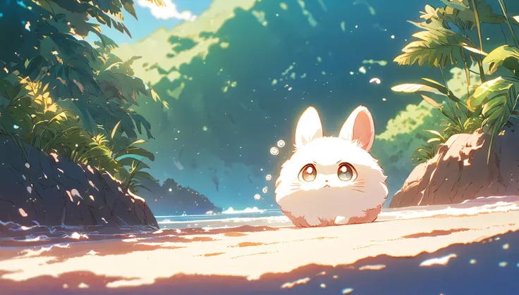 Create a close-up, animated illustration of a fluffy baby bunny sitting in Beach. Emphasize the soft fur, big eyes, and twitching nose of the bunny. The background should be a gentle blur of greenery, highlighting the cuteness and innocence of the baby bun...