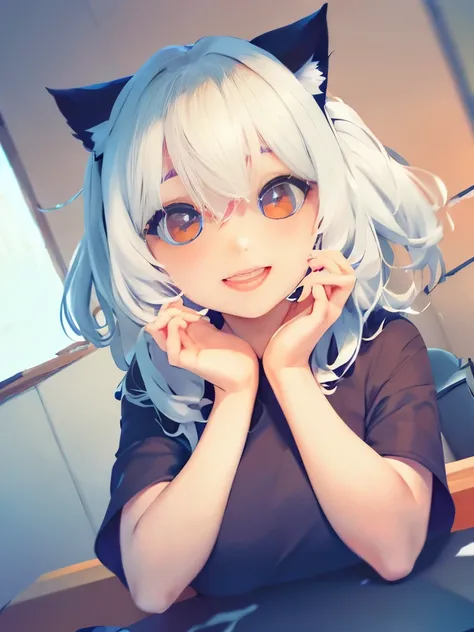 An anime girl with a pair of Cat ears, the inside of the ears a soft white fluff, her eyes wide and curious, she Excited and happy to see me, beautiful eyes, white hair, pink eyes, good art, good drawing, anime 2d, 2d, cute, 2 hands and 5 fingers on each h...