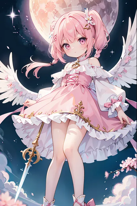 ((top quality)), ((complete)), (details), the child's pale pink hair is tied loosely, she wears a moon hair ornament, she has pr...