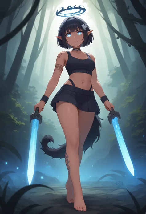 Lush Jungle environment. A young, fierce-looking female warrior with a futuristic yet fantasy-inspired design. She has a dark tan skin tone, with glowing icy blue eyes that emit a faint blue light, resembling an intense focus. Her short black hair, styled ...