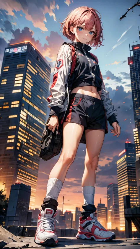 World end,a girl with short hair, blue and red hair, slender body, wearing jersey, sports style, socks and sneakers, floating in the air, psychic battle with a psychopath, debris and collapsing city in the background, rage expression with a slight smile, p...