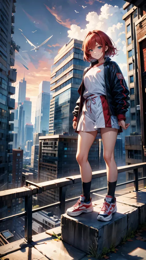 World end,a girl with short hair, blue and red hair, slender body, wearing jersey, sports style, socks and sneakers, floating in the air, psychic battle with a psychopath, debris and collapsing city in the background, rage expression with a slight smile, p...