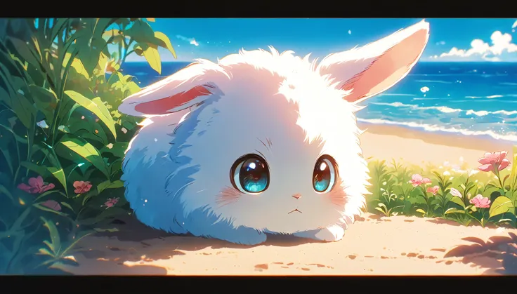 Create a close-up, animated illustration of a fluffy baby bunny sitting in Beach. Emphasize the soft fur, big eyes, and twitching nose of the bunny. The background should be a gentle blur of greenery, highlighting the cuteness and innocence of the baby bun...