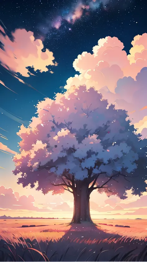 {{summer}}, Grassland, Deep Field, High Definition Quality, Hot Weather, big clouds, Radiation tracing, illustration, The Art of Mathematics, Anime style, tree,  Pink, wide sky, stars