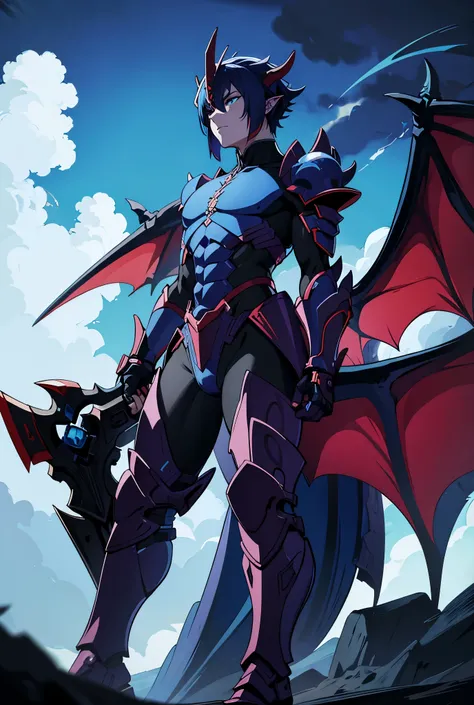 Blue dragon humanoid, steel plate should pads and shin pads, long sword, dragon wings, grim, evilMotion Lines, 