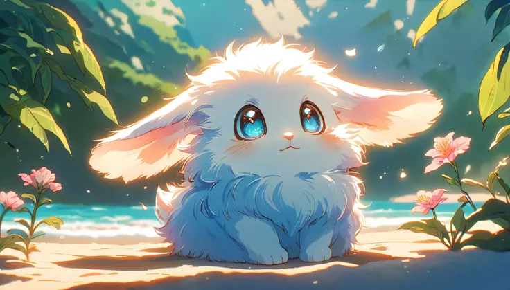 Create a close-up, animated illustration of a fluffy baby bunny sitting in Beach. Emphasize the soft fur, big eyes, and twitching nose of the bunny. The background should be a gentle blur of greenery, highlighting the cuteness and innocence of the baby bun...