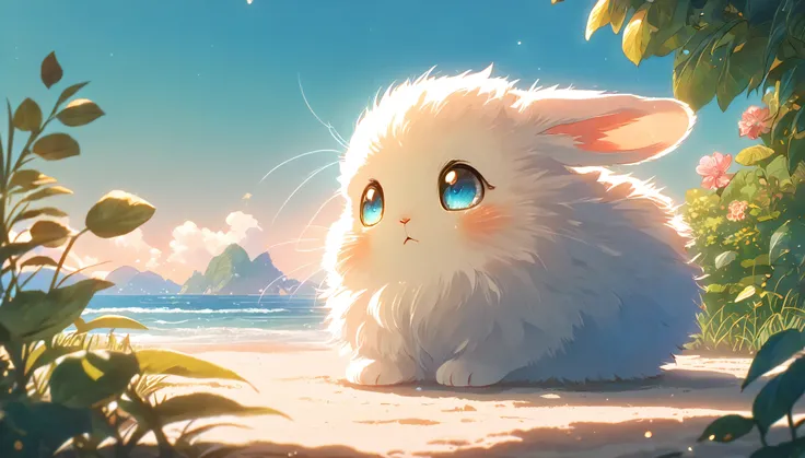 Create a close-up, animated illustration of a fluffy baby bunny sitting in Beach. Emphasize the soft fur, big eyes, and twitching nose of the bunny. The background should be a gentle blur of greenery, highlighting the cuteness and innocence of the baby bun...