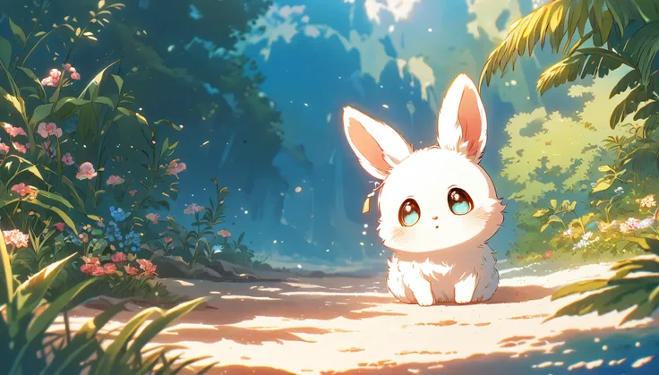 Create a close-up, animated illustration of a fluffy baby bunny sitting in Beach. Emphasize the soft fur, big eyes, and twitching nose of the bunny. The background should be a gentle blur of greenery, highlighting the cuteness and innocence of the baby bun...