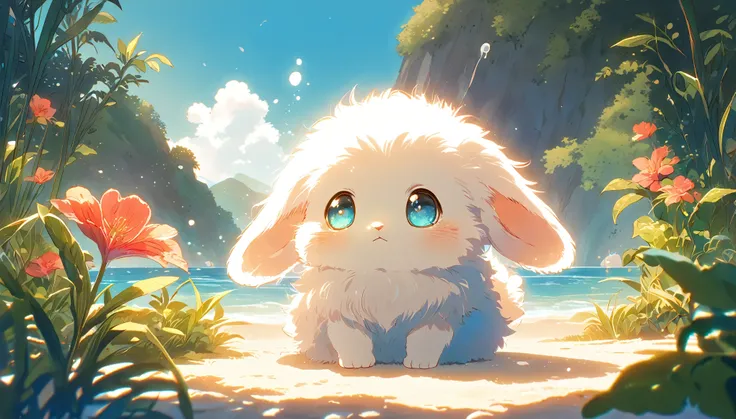 Create a close-up, animated illustration of a fluffy baby bunny sitting in Beach. Emphasize the soft fur, big eyes, and twitching nose of the bunny. The background should be a gentle blur of greenery, highlighting the cuteness and innocence of the baby bun...