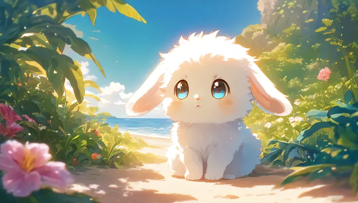 Create a close-up, animated illustration of a fluffy baby bunny sitting in Beach. Emphasize the soft fur, big eyes, and twitching nose of the bunny. The background should be a gentle blur of greenery, highlighting the cuteness and innocence of the baby bun...