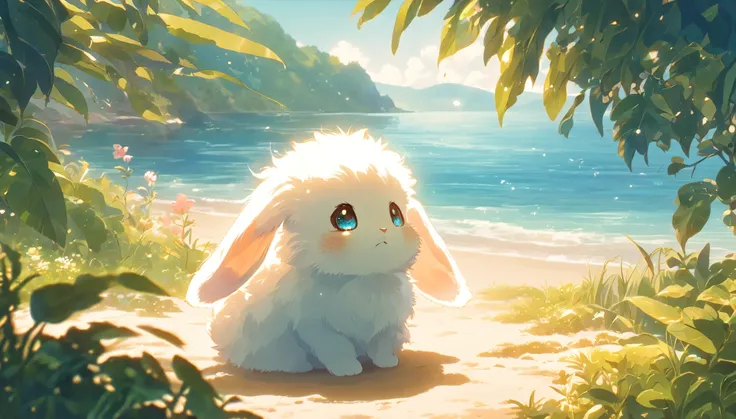 Create a close-up, animated illustration of a fluffy baby bunny sitting in Beach. Emphasize the soft fur, big eyes, and twitching nose of the bunny. The background should be a gentle blur of greenery, highlighting the cuteness and innocence of the baby bun...