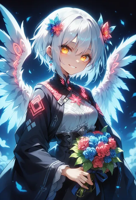 Masterpiece, highest quality, highly detailed CG Unity 8K wallpaper, one girl, anime screenshot, neon light with big wings, bouquet of flowers glowing in colorful neon colors, best smile, depth of field, white hair, yellow eyes, fisheye lens