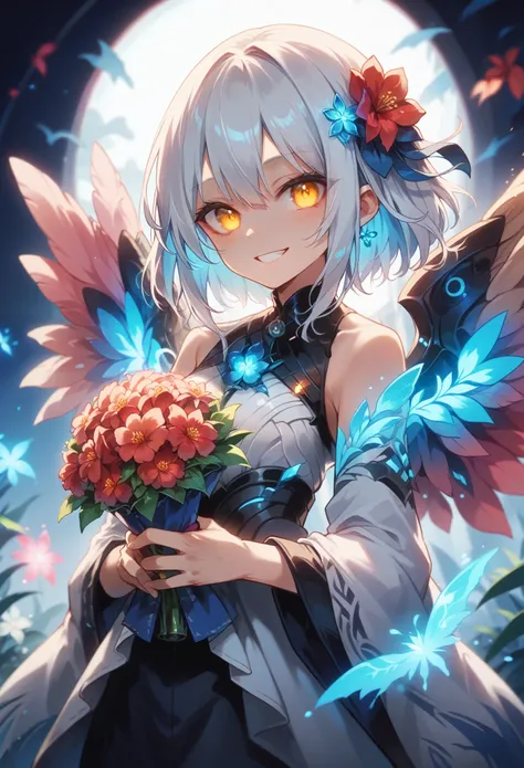 Masterpiece, highest quality, highly detailed CG Unity 8K wallpaper, one girl, anime screenshot, neon light with big wings, bouquet of flowers glowing in colorful neon colors, best smile, depth of field, white hair, yellow eyes, fisheye lens