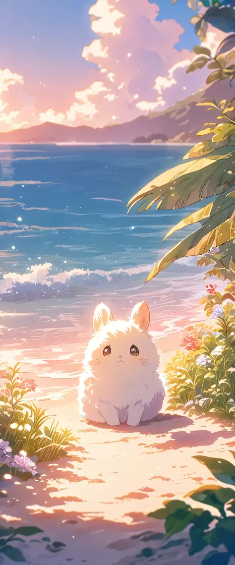 Create a close-up, animated illustration of a fluffy baby bunny sitting in Beach. Emphasize the soft fur, big eyes, and twitching nose of the bunny. The background should be a gentle blur of greenery, highlighting the cuteness and innocence of the baby bun...