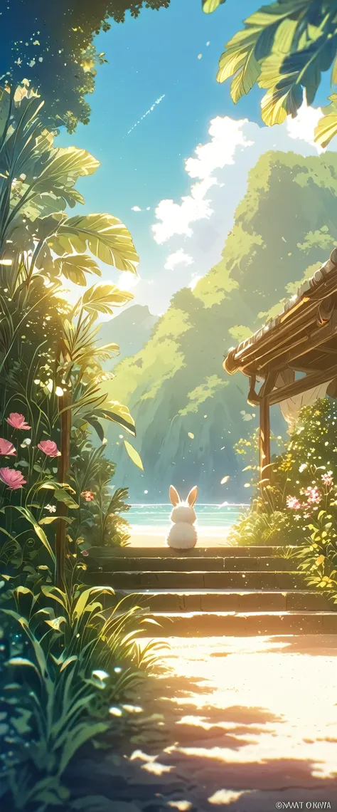 Create a close-up, animated illustration of a fluffy baby bunny sitting in Beach. Emphasize the soft fur, big eyes, and twitching nose of the bunny. The background should be a gentle blur of greenery, highlighting the cuteness and innocence of the baby bun...