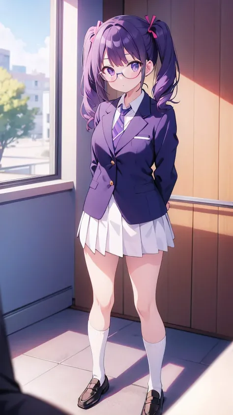 Anime girl standing with her arms folded behind her back　Window　Twin tails　Glasses　Purple Hair　White crew socks　Black Loafers　Blazer uniform　tie