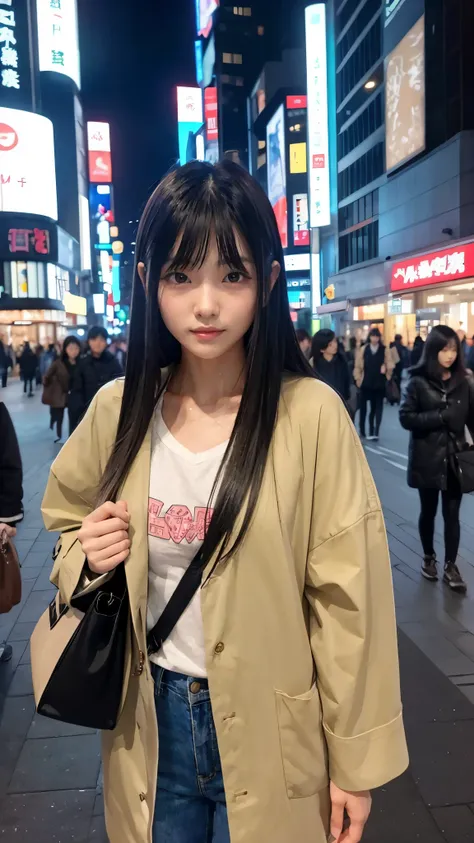 「The model is a 20-year-old Japanese woman who looks like Shibuya Nagisa.。she、With big, shining eyes、Small and well-balanced face、Have healthy skin。Her hair is medium length and straight black.、Her side bangs hang gently around her face.。She has a cool and...