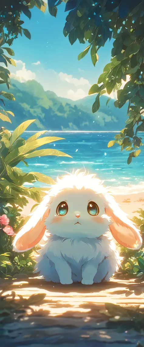 Create a close-up, animated illustration of a fluffy baby bunny sitting in Beach. Emphasize the soft fur, big eyes, and twitching nose of the bunny. The background should be a gentle blur of greenery, highlighting the cuteness and innocence of the baby bun...