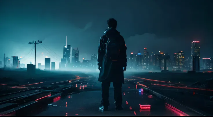 Under the stormy sky、Dark futuristic cityscape。Neon lights glow in the distance。The towering buildings are twisted in an unnatural way.、Because it casts a long, distorted shadow、The atmosphere is creepy and unsettling。In the foreground、Abandoned, sophistic...