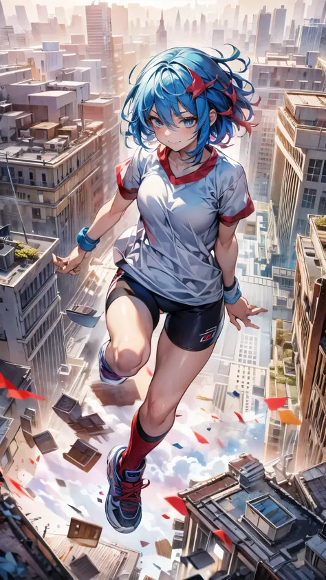 World end,put both hands forward,a girl with short hair, blue and red hair, slender body, wearing jersey, sports style, socks and sneakers, floating in the air, psychic battle with a psychopath, debris and collapsing city in the background, rage expression...