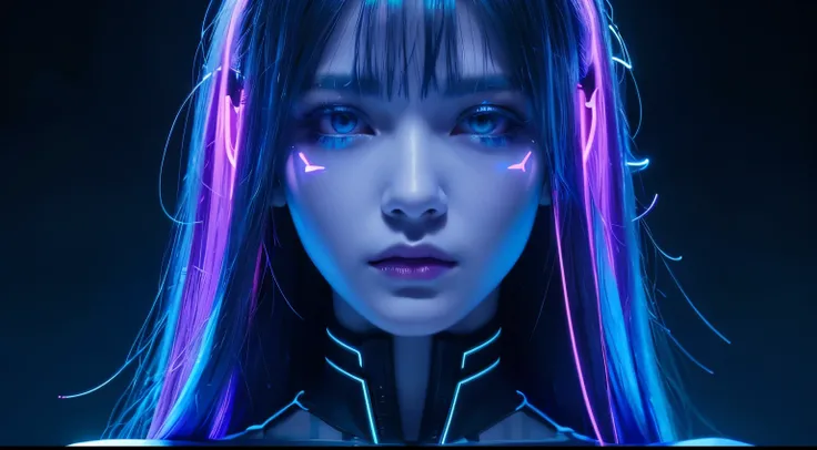 「In a dark, futuristic setting、Neon lights glow faintly in the background.。In the foreground、Part of the face is in shadow、Close-up of a beautiful pale-skinned woman。Her expression is calm but eerie、He has glowing cybernetic implants in his face and neck.、...