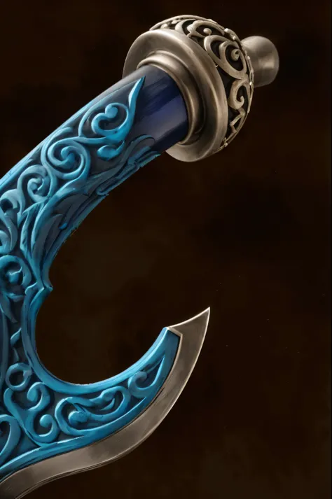 there is a blue sword with a decorative handle on a black background, intricate fantasy spear, epic fantasy weapon art, fantasy sword of warrior, sword and wand – water, curved sword, fantasy weapon, long detailed ornate scythe, warcraft blizzard weapon ar...