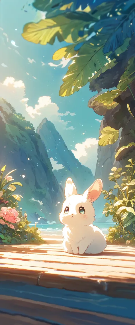 create a close-up, animated illustration of a fluffy baby bunny sitting in beach. emphasize the soft fur, big eyes, and twitchin...