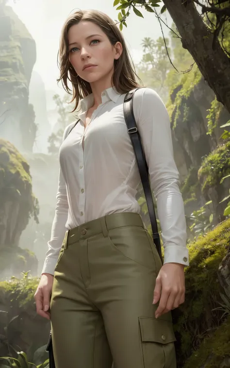 (Evangeline Lilly:Alicia Vikander) ponytail, Explorer in the jungle, white shirt, green jacket, beige cargo pants, year 1925, Lovecraft atmosphere, dark atmosphere, masterpiece, hyperdetailed, trending on artstation, sharp focus, golden ratio, 4k resolutio...