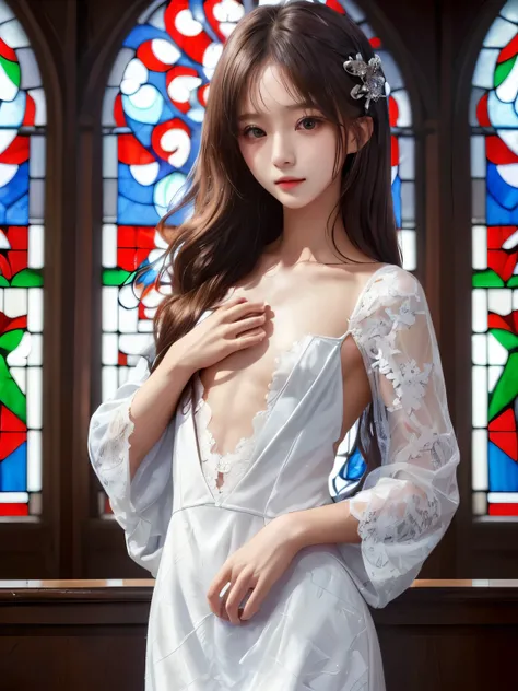 ((((flat chest)))),((1 girl)),((solo)),((highest quality)), (masterpiece),((High resolution)),beautiful girl,model,Japanese,,(no makeup),hairstyle random,hair color random,perfect body,coarse lace dress,Stained glass