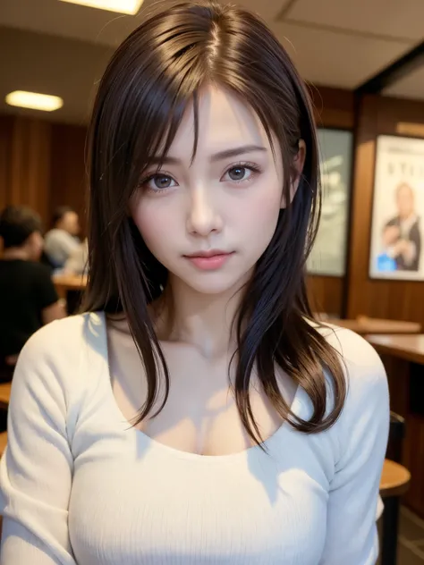 natta, Raw photography, (((Very beautiful portrait))), ((glistning skin)), 1girl in, Sexy 2 girl, Cafe Clerk、((Sauvages natural brown hair)), Gentle smile staring at the camera, ((​masterpiece, top-quality, ultra-detailliert, ciinematic light, intricate de...