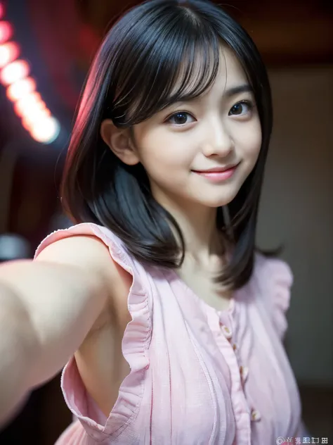 (Best-quality, Masterpiece, Ultra-High-Resolution, (Photorealistic:1.4), Raw Photo, depth of field, professional lighting, perfect anatomy, extremely details), 1girl, 15-years-old, the most famous Japanese idol, ((selfie)), ((innocent smile)), (wearing lov...