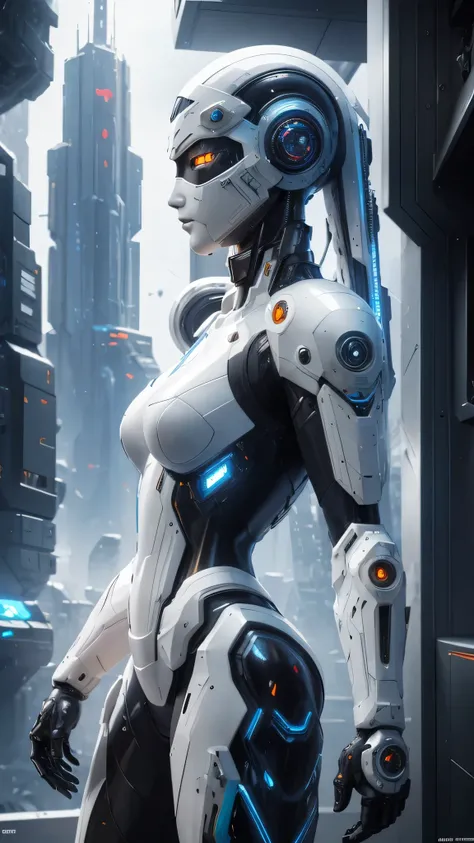 1girl, a beautiful girl cyborg cyberpunk with a cyberpunk city tall buildings, white hair, cybermask, white and orange and black machine suit color combination, the body full of machine, realistic futuristic hologram, asian skin tone, beautiful eye, beauti...