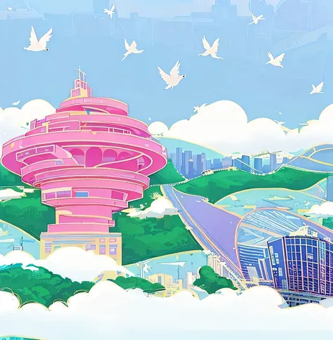 there is a cartoon picture of a bird flying over a city, vaporwave cartoon, vaporwave city, vaporwave art, floating lands in-clouds, vaporwave artwork composition, vaporwave nostalgia, maximalist vaporwave, vaporwave wallpaper environment, vaporwave, vapor...