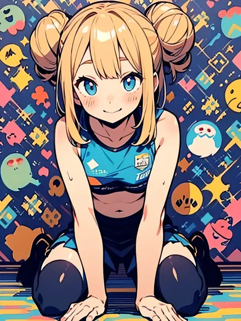 (Alone),(((wariza:1.3))),(leaning forward:1.3),blonde twinbuns,long sideburn,((bluntbangs:1.3)),nsfw,(underboob:1.2),cute shy:1.2,blush、sexy sports bra、Micro Mini Skirt、zettai ryouiki、black over-the-knee socks、Fancy Pouch、General store、(I am the star:1.3),...