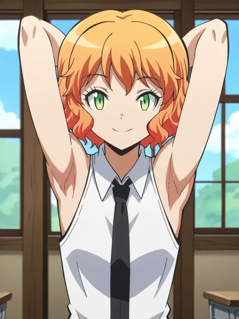 score_9, score_8_up, score_7_up, source_anime, anime screencap, indoors, classroom, kurahashi hinano, orange hair, short hair, green eyes, white shirt, sleeveless shirt, collared shirt, black tie, looking at viewer, head towards viewer, bare shoulders, bar...