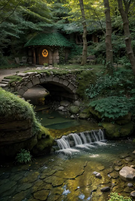 Beautiful mystical nature with hobbit home and faries, High Resolution, small shallow river flowing