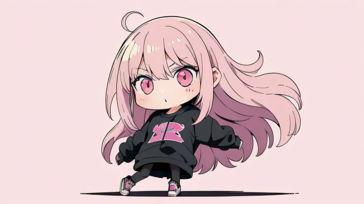 (masterpiece, Highest quality), 1girl, oversized black sweatshirt, sneakers, (pink long hair, layered hair) and (pink eyes), flat color, pink and white color, (Chibi), ((full body)), jumping, (((bold outline))), Vector art, No background