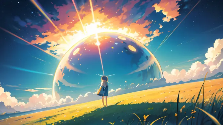 {{summer}}, Grassland, Deep Field, High Definition Quality, Hot Weather, big clouds, Radiation tracing, illustration, The Art of Mathematics, Anime style, tree,  Clear, wide sky