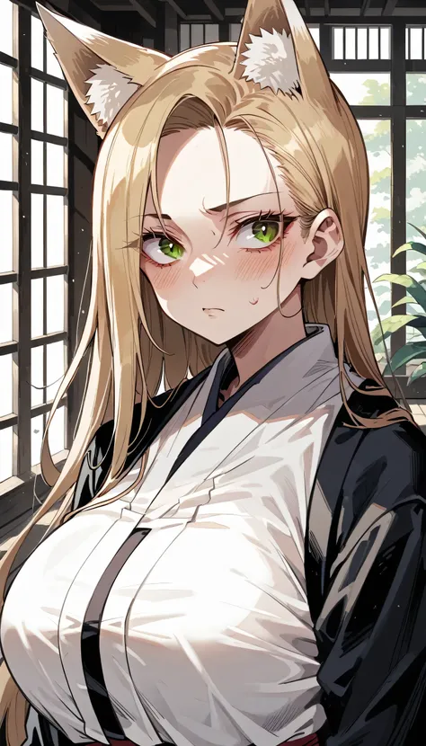 ((looking away,turn face away )),blush.Cold Stare,(hi-quality,high resolution),((Fox Ears)),(((forehead,asymmetrical hair))),(((very turime,very long slit eyes))),(shrine maiden),((oblong face,squared face)),((huge breasts)),(((very narrow eyes))),((Clear ...