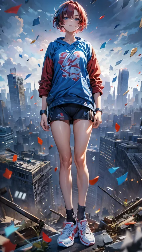 World end,put both hands forward,a girl with short hair, blue and red hair, slender body, wearing jersey, sports style, socks and sneakers, floating in the air, psychic battle with a psychopath, debris and collapsing city in the background, rage expression...