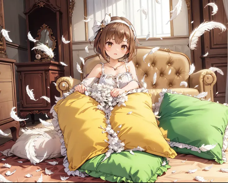 NSFW. Anime style. a full-body with up perspective of an anime-style light-brown short hair teenage girl with a brown eyes, big bust, wearing white camisole and wearing white hairband, standing and placing a large satin yellow pillow with a frills and a la...